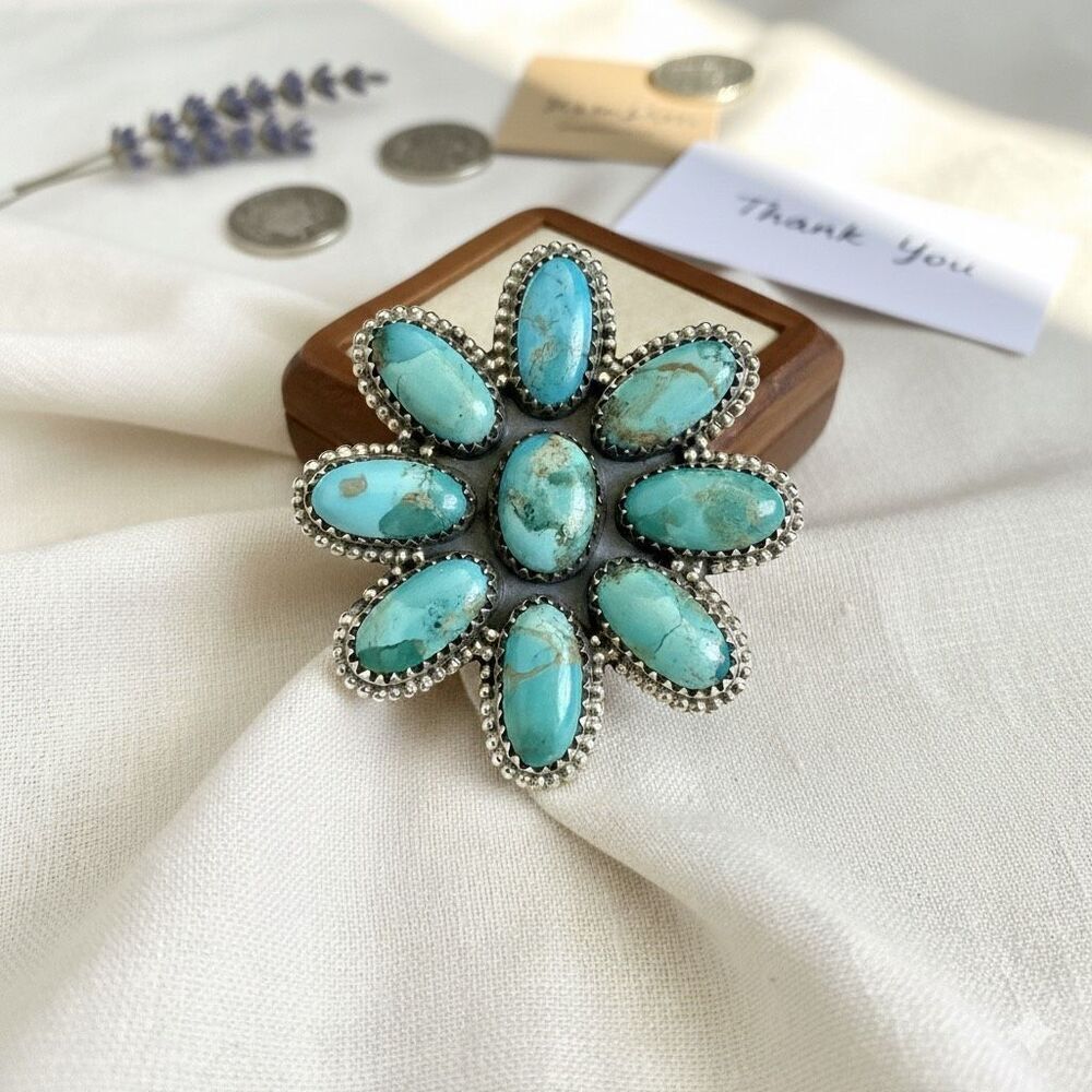 Stunning Large Southwestern Kingman Cluster Turquoise Floral Statement Adj Ring